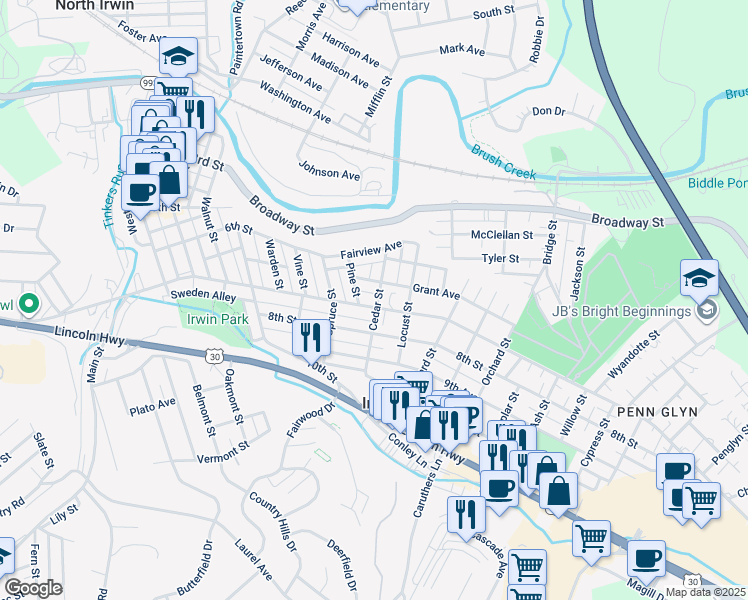 map of restaurants, bars, coffee shops, grocery stores, and more near 800 Pennsylvania Avenue in Irwin