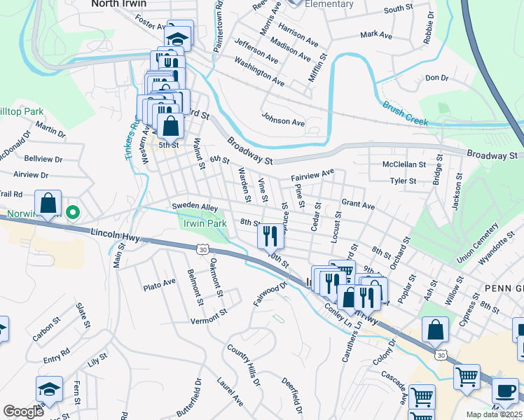 map of restaurants, bars, coffee shops, grocery stores, and more near in Irwin