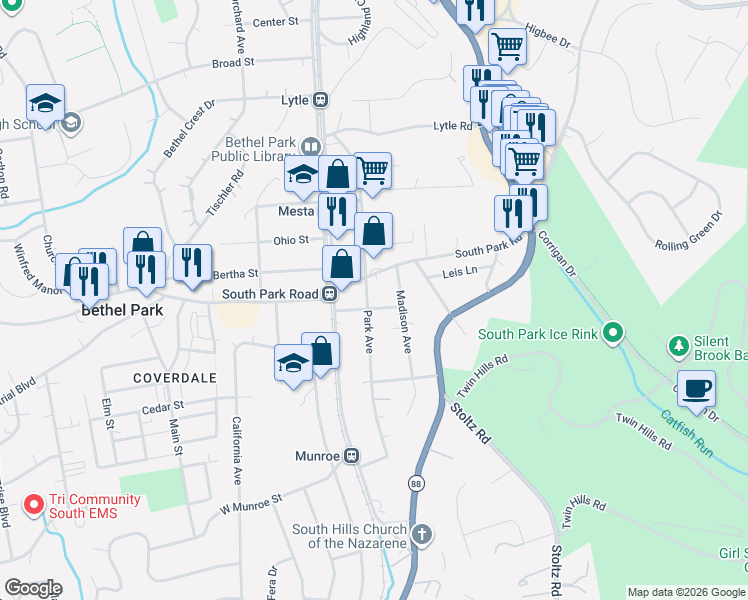 map of restaurants, bars, coffee shops, grocery stores, and more near 5330 Madison Avenue in Bethel Park