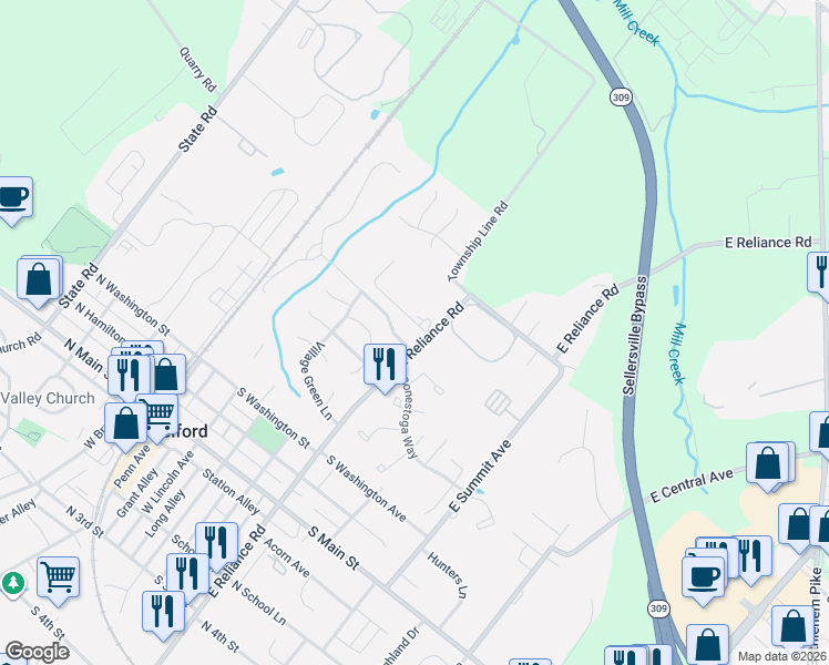 map of restaurants, bars, coffee shops, grocery stores, and more near 401 East Reliance Road in Telford