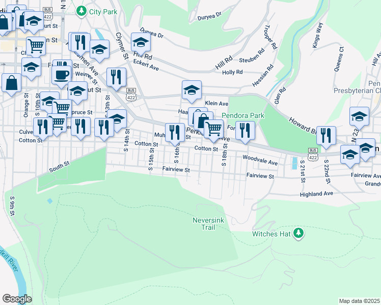 map of restaurants, bars, coffee shops, grocery stores, and more near 507 South 16 1/2 Street in Reading