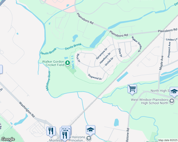 map of restaurants, bars, coffee shops, grocery stores, and more near 6 Dogwood Drive in Plainsboro Township