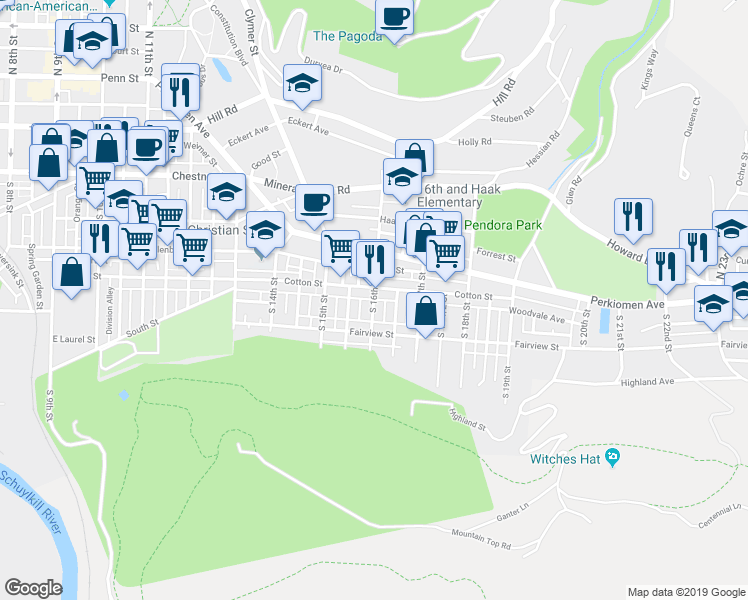 map of restaurants, bars, coffee shops, grocery stores, and more near 512 South 16th Street in Reading