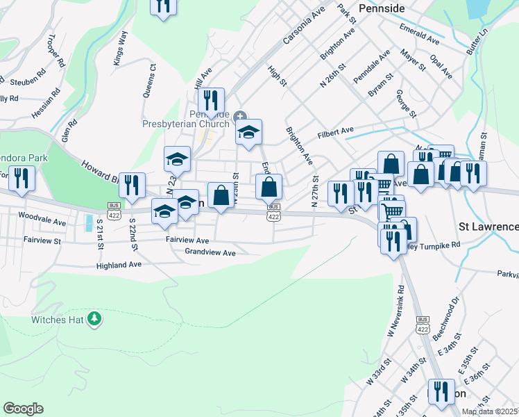 map of restaurants, bars, coffee shops, grocery stores, and more near 2549 Perkiomen Avenue in Mount Penn