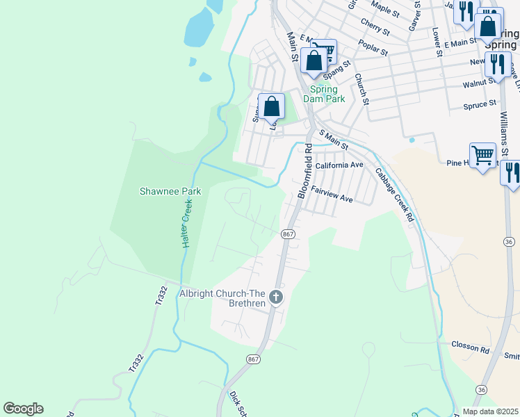 map of restaurants, bars, coffee shops, grocery stores, and more near 430 Shawnee Drive in Roaring Spring