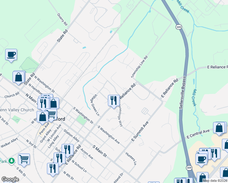 map of restaurants, bars, coffee shops, grocery stores, and more near 401 East Reliance Road in Telford