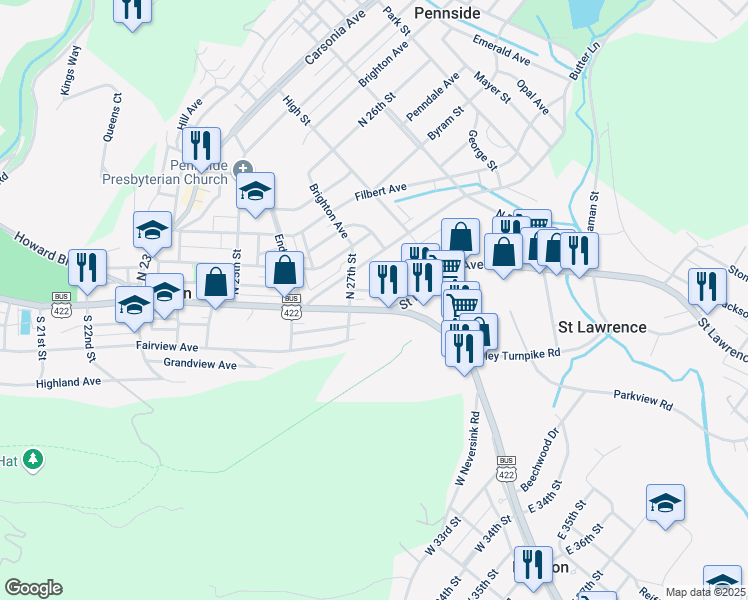map of restaurants, bars, coffee shops, grocery stores, and more near 2726 Perkiomen Avenue in Reading