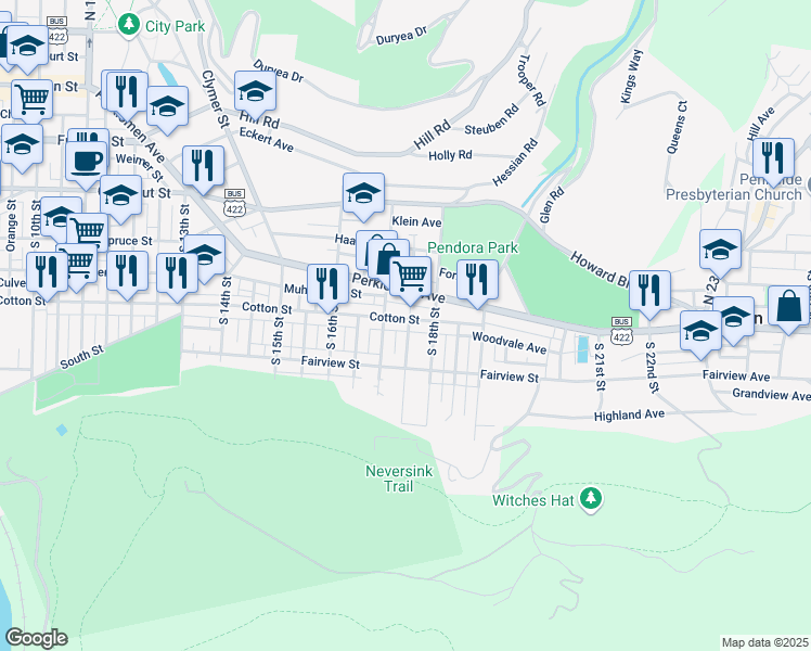 map of restaurants, bars, coffee shops, grocery stores, and more near in Reading
