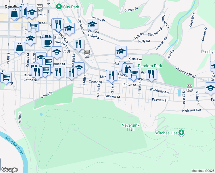 map of restaurants, bars, coffee shops, grocery stores, and more near 515 South 15 1/2 Street in Reading