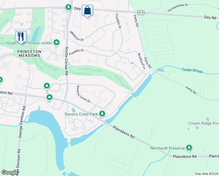 map of restaurants, bars, coffee shops, grocery stores, and more near 1801 Ravens Crest Drive in Plainsboro Township