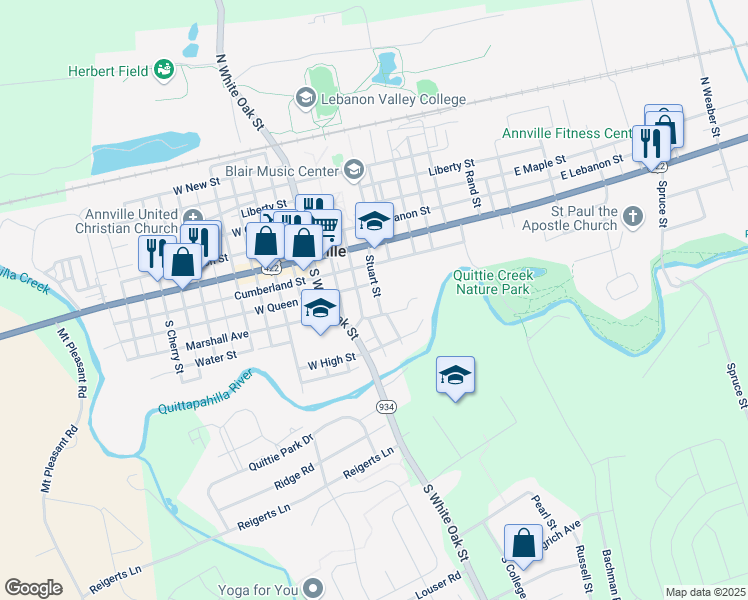 map of restaurants, bars, coffee shops, grocery stores, and more near 120 Stuart Street in Annville