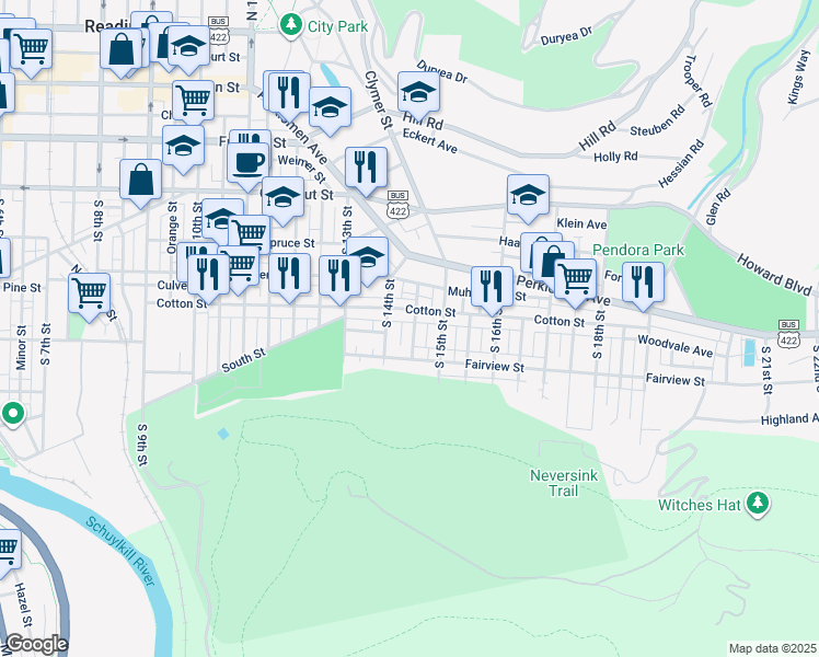map of restaurants, bars, coffee shops, grocery stores, and more near 522 South 14 1/2 Street in Reading