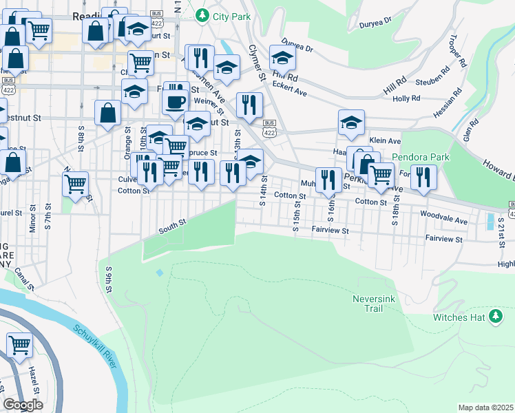 map of restaurants, bars, coffee shops, grocery stores, and more near 549 South 14th Street in Reading