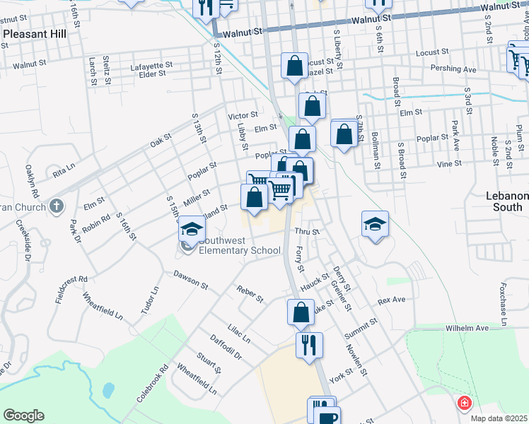 map of restaurants, bars, coffee shops, grocery stores, and more near 810 South 12th Street in Lebanon