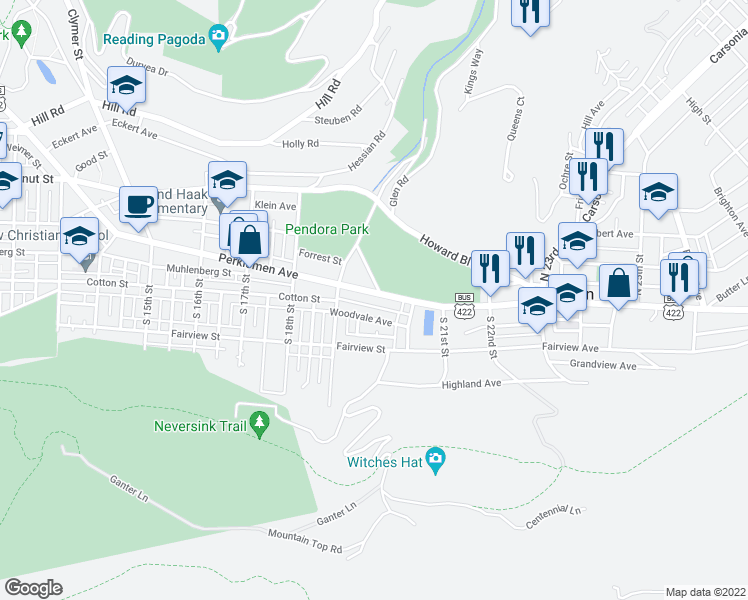 map of restaurants, bars, coffee shops, grocery stores, and more near 1938 Perkiomen Avenue in Reading