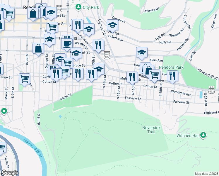 map of restaurants, bars, coffee shops, grocery stores, and more near 522 South 14 1/2 Street in Reading