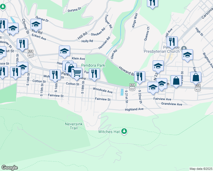 map of restaurants, bars, coffee shops, grocery stores, and more near 1938 Perkiomen Avenue in Reading