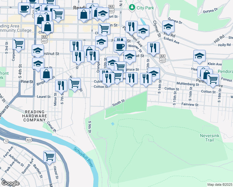 map of restaurants, bars, coffee shops, grocery stores, and more near 526 South 11th Street in Reading