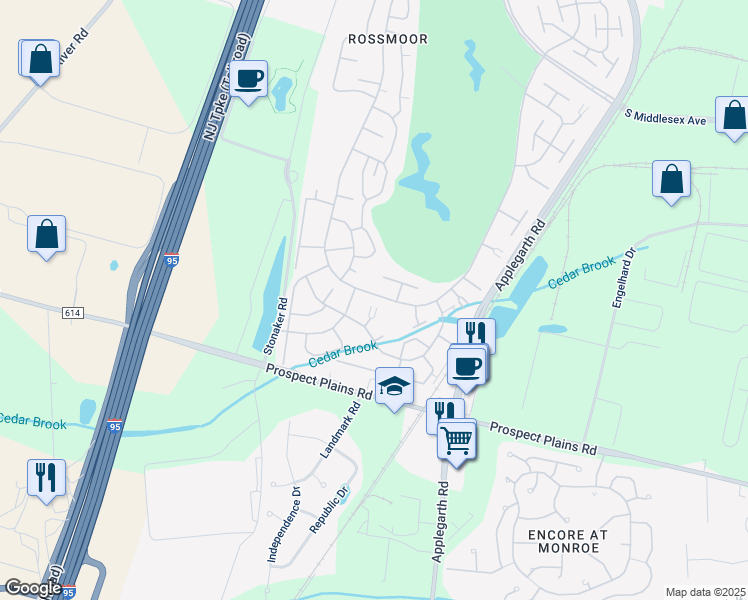 map of restaurants, bars, coffee shops, grocery stores, and more near 352A Old Nassau Road in Monroe Township