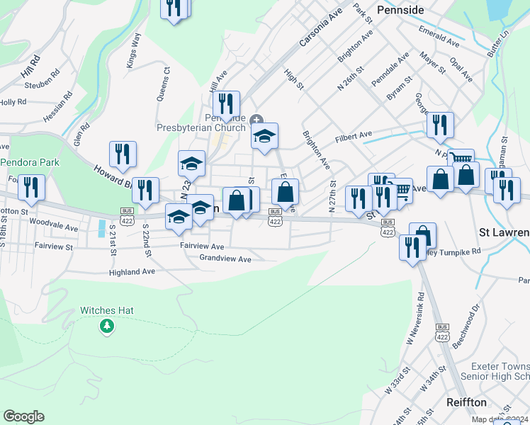 map of restaurants, bars, coffee shops, grocery stores, and more near 2525 Perkiomen Avenue in Mount Penn