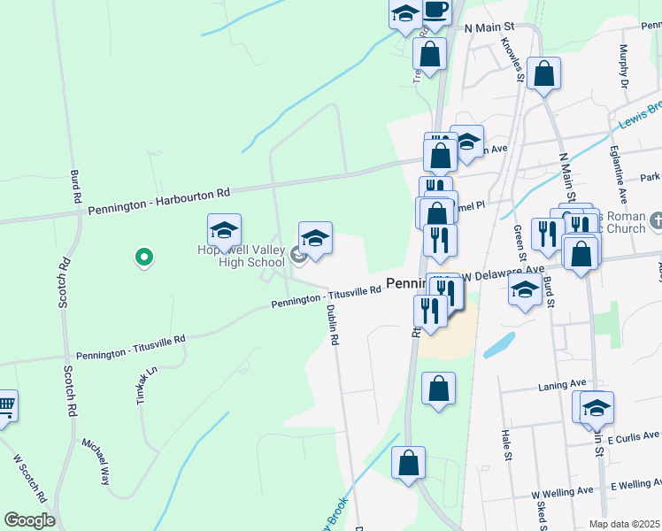 map of restaurants, bars, coffee shops, grocery stores, and more near 259 Pennington - Titusville Road in Pennington