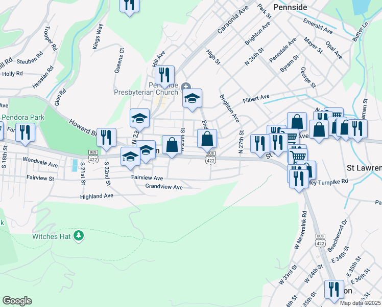 map of restaurants, bars, coffee shops, grocery stores, and more near 2518 Perkiomen Avenue in Reading