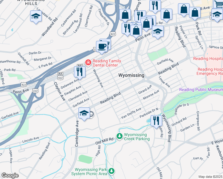 map of restaurants, bars, coffee shops, grocery stores, and more near 1415 Reading Boulevard in Wyomissing