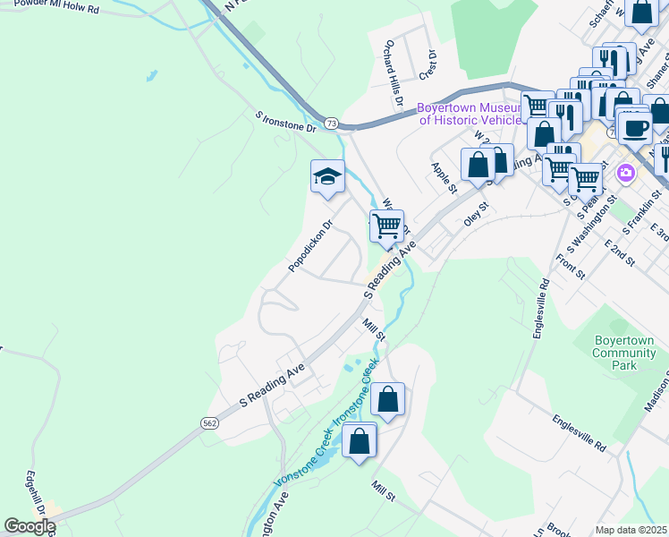 map of restaurants, bars, coffee shops, grocery stores, and more near 26 Sunrise Drive in Boyertown