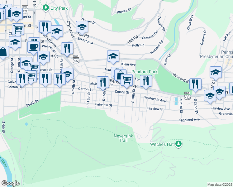 map of restaurants, bars, coffee shops, grocery stores, and more near 1652 Cotton Street in Reading
