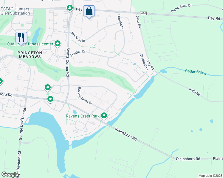 map of restaurants, bars, coffee shops, grocery stores, and more near 1801 Ravens Crest Drive in Plainsboro Township