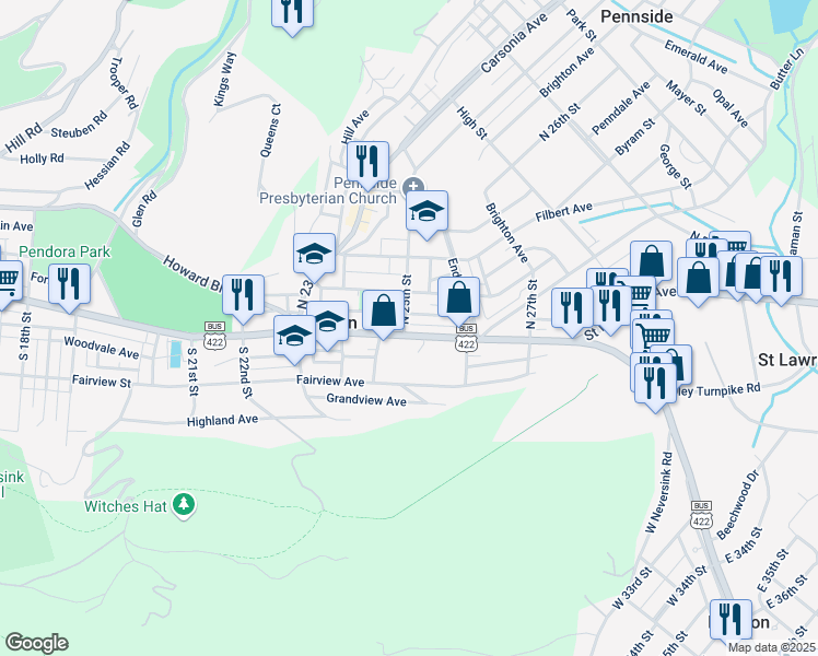 map of restaurants, bars, coffee shops, grocery stores, and more near 2458 Perkiomen Avenue in Mount Penn