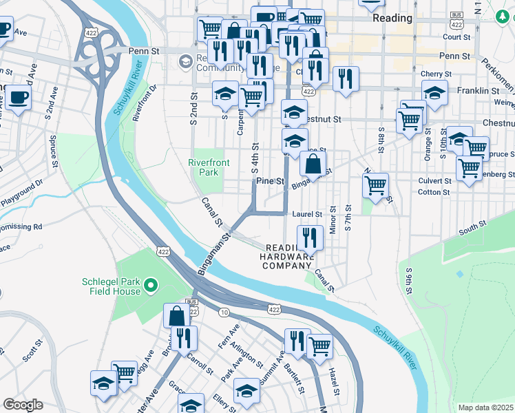 map of restaurants, bars, coffee shops, grocery stores, and more near 500 South 4th Street in Reading