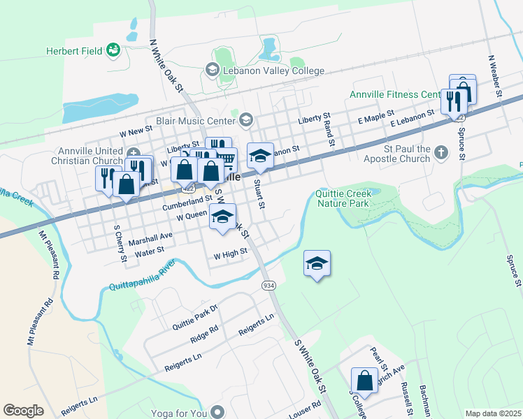 map of restaurants, bars, coffee shops, grocery stores, and more near 120 Stuart Street in Annville