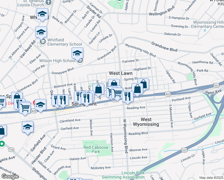 map of restaurants, bars, coffee shops, grocery stores, and more near in Reading