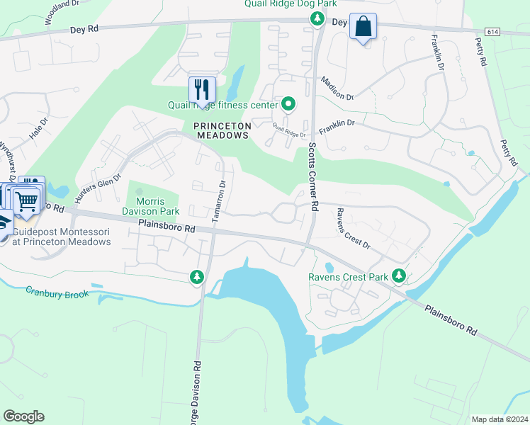 map of restaurants, bars, coffee shops, grocery stores, and more near 149 Hampshire Drive in Princeton Meadows