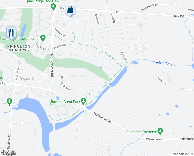 map of restaurants, bars, coffee shops, grocery stores, and more near 1801 Ravens Crest Drive in Plainsboro Township