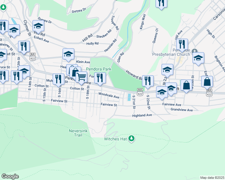 map of restaurants, bars, coffee shops, grocery stores, and more near 1963 Woodvale Avenue in Mount Penn
