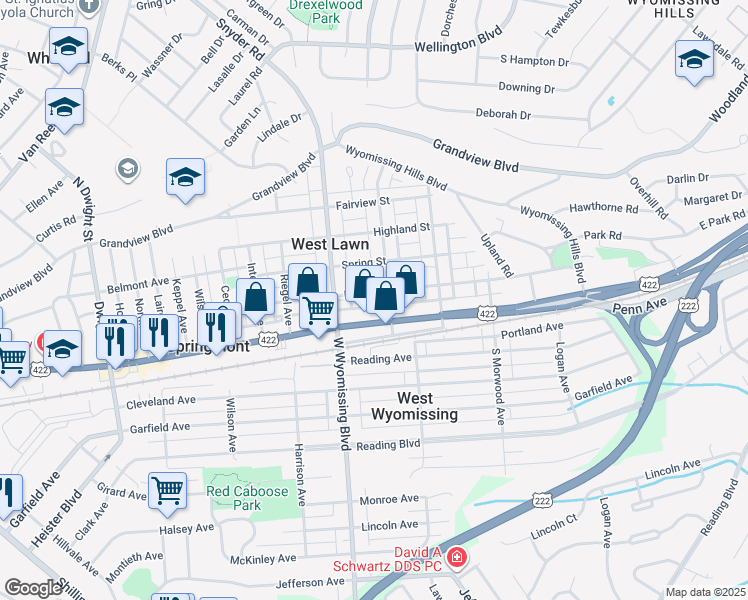 map of restaurants, bars, coffee shops, grocery stores, and more near 2225 Penn Avenue in West Lawn
