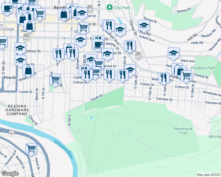 map of restaurants, bars, coffee shops, grocery stores, and more near 541-599 South 12th Street in Reading