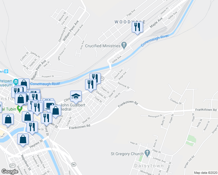 map of restaurants, bars, coffee shops, grocery stores, and more near 136 Catherine Street in Johnstown