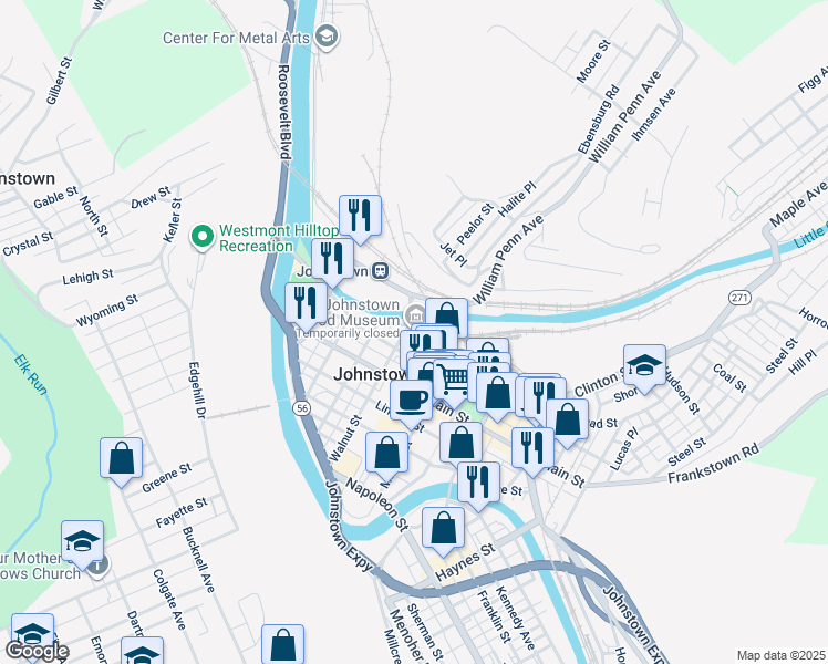 map of restaurants, bars, coffee shops, grocery stores, and more near 119 Walnut Street in Johnstown