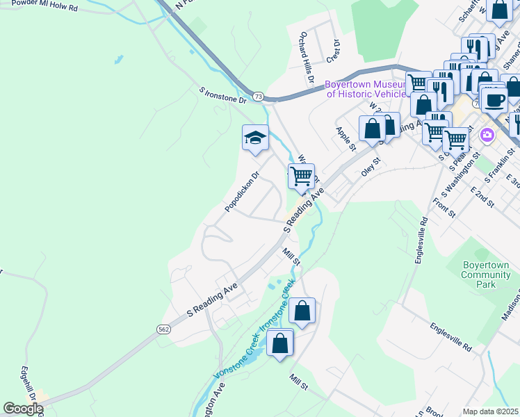 map of restaurants, bars, coffee shops, grocery stores, and more near 26 Sunrise Drive in Boyertown