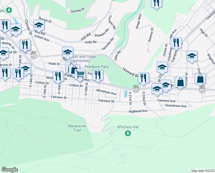 map of restaurants, bars, coffee shops, grocery stores, and more near 1924 Perkiomen Avenue in Mount Penn