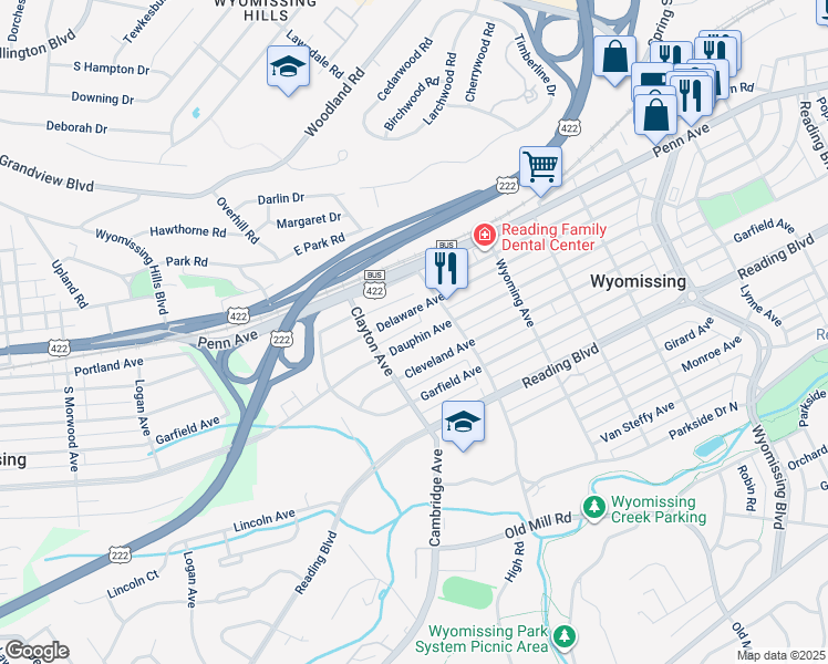 map of restaurants, bars, coffee shops, grocery stores, and more near 1631 Dauphin Avenue in Wyomissing