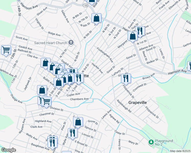 map of restaurants, bars, coffee shops, grocery stores, and more near 105 South Good Street in Jeannette
