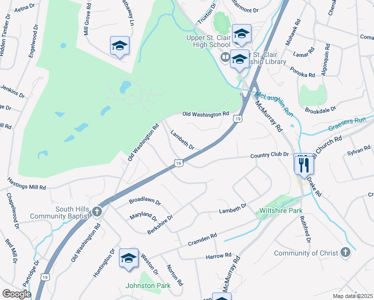 map of restaurants, bars, coffee shops, grocery stores, and more near 92 Lambeth Drive in Pittsburgh