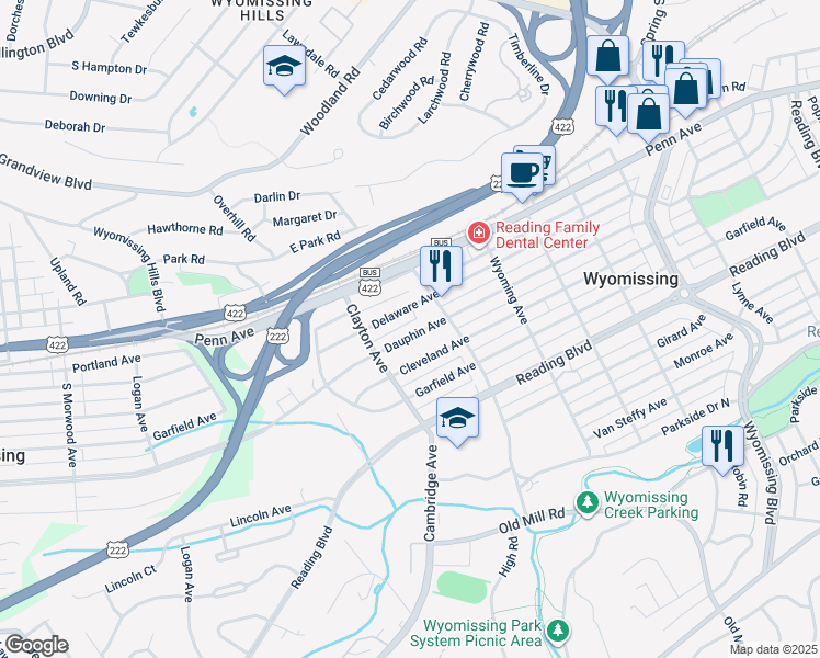 map of restaurants, bars, coffee shops, grocery stores, and more near 1631 Dauphin Avenue in Wyomissing
