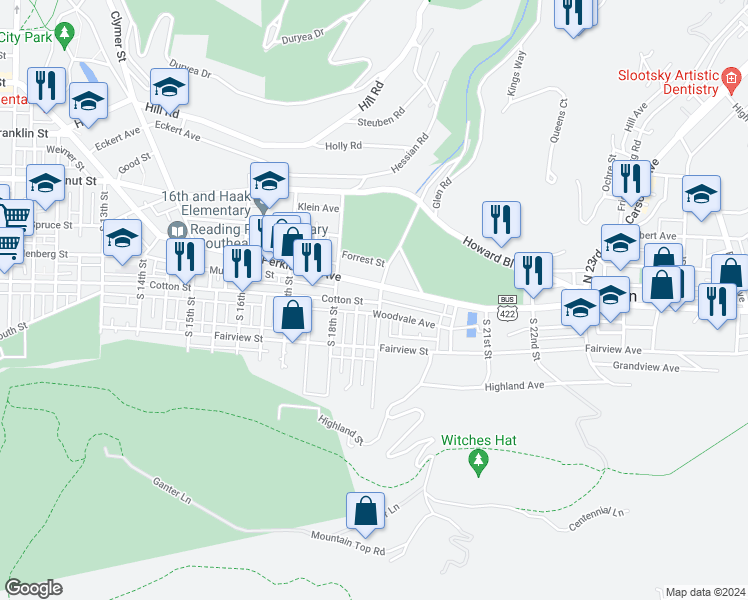 map of restaurants, bars, coffee shops, grocery stores, and more near 418 South 19th Street in Reading