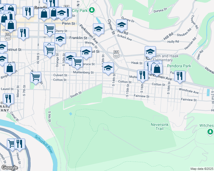 map of restaurants, bars, coffee shops, grocery stores, and more near 1321 Kenny Street in Reading