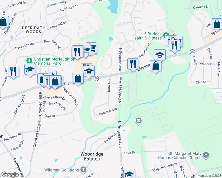 map of restaurants, bars, coffee shops, grocery stores, and more near 4237 Kota Avenue in Harrisburg